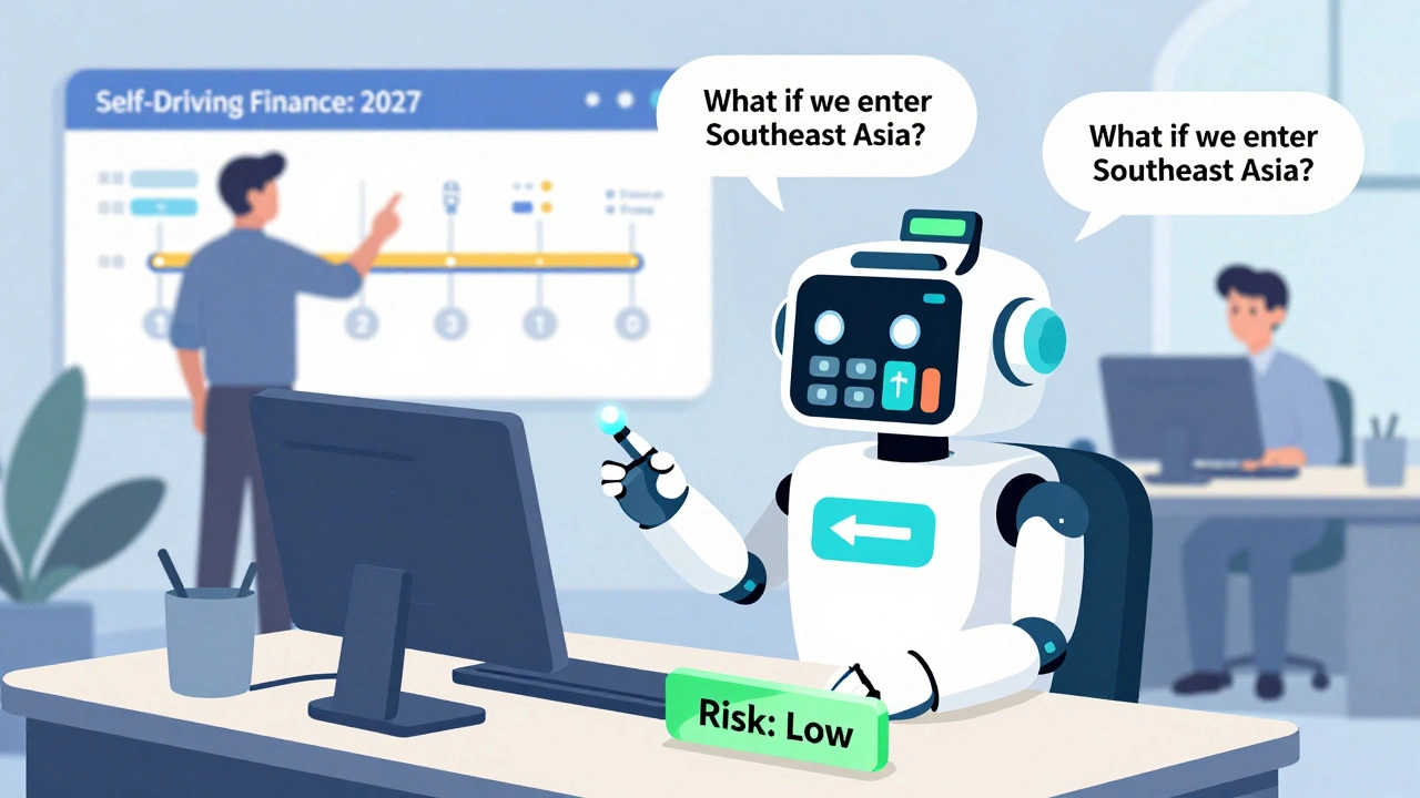 AI assistant autonomously adjusts budget and alerts procurement team in a modern office.