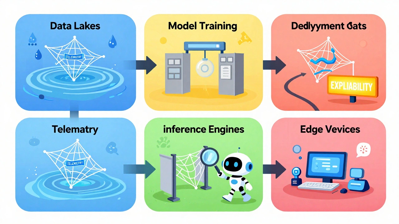 AI lifecycle journey with monitoring nets catching threats at each stage.