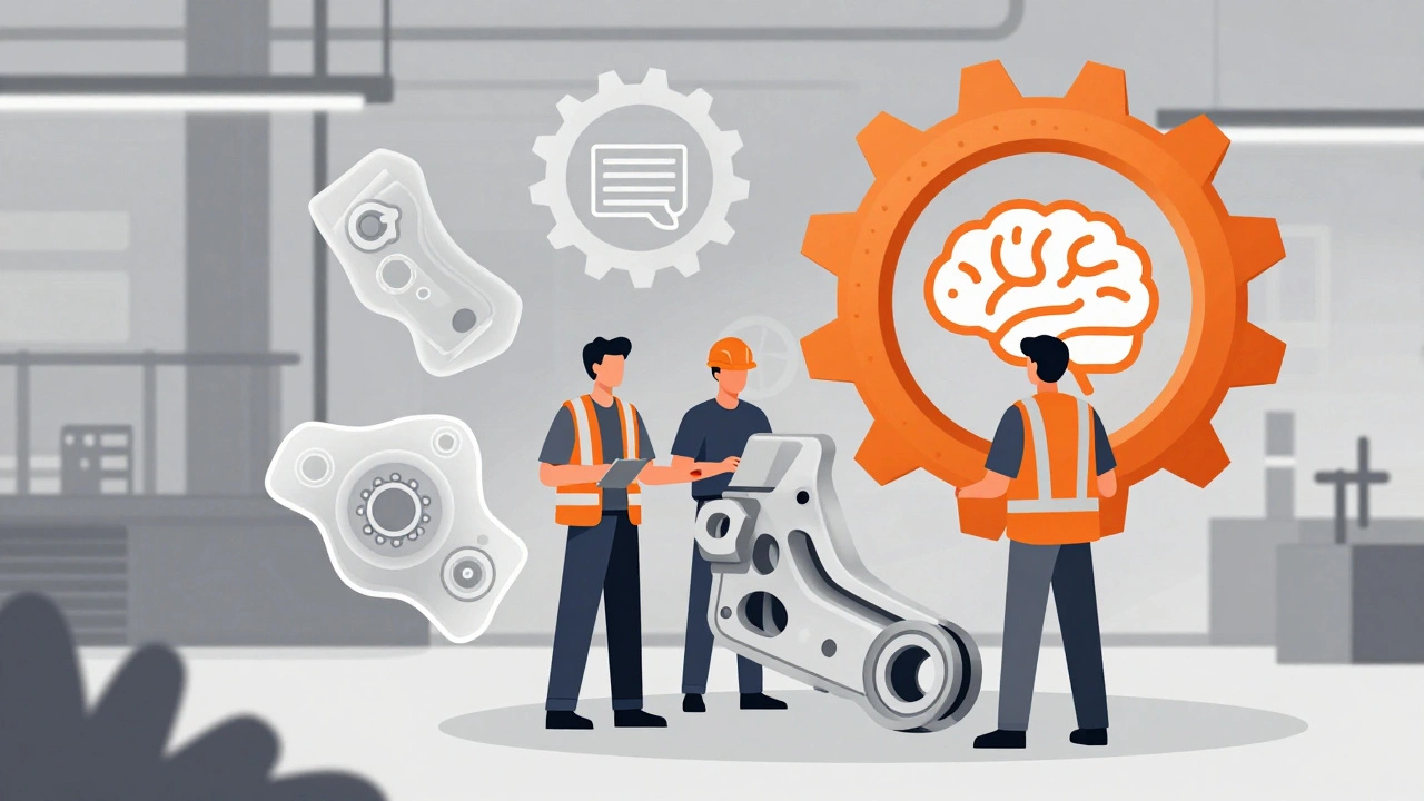 Engineers beside 3D-printed car part with floating AI design prototypes