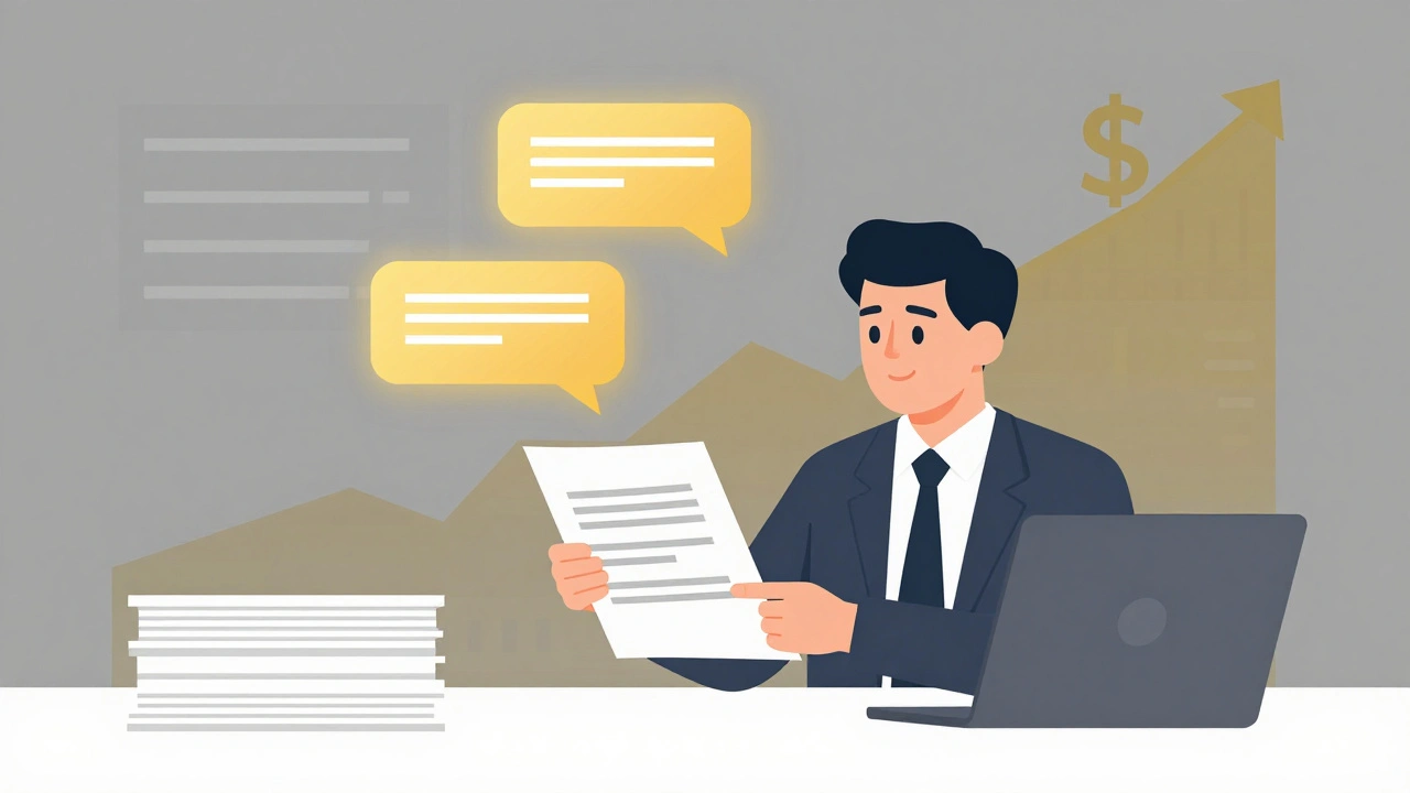 Finance team working with AI-generated contract clauses in a modern office