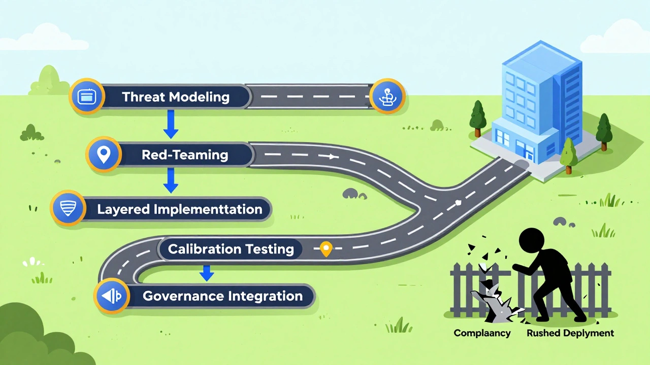 Five-stage AI governance pipeline as a road with checkpoints leading to a protected enterprise.