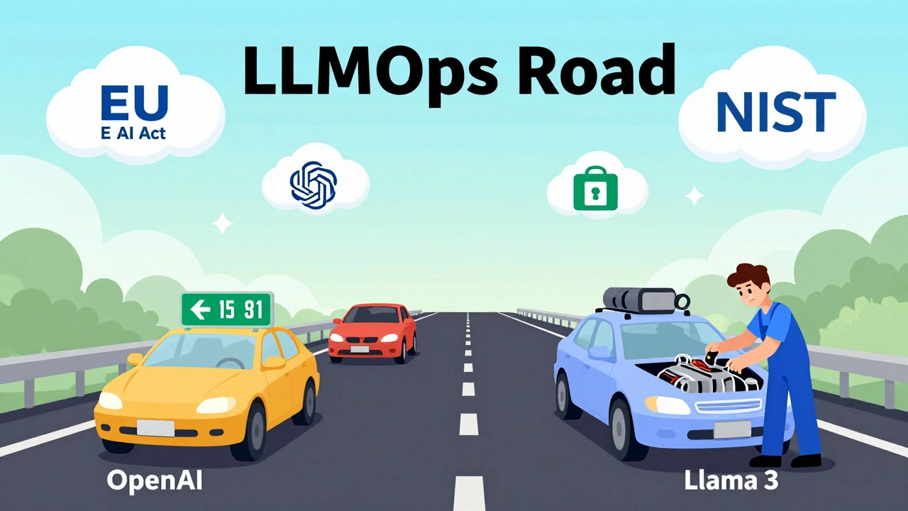 Futuristic highway with AI models as cars — some with clear deprecation signs, others speeding without warnings.