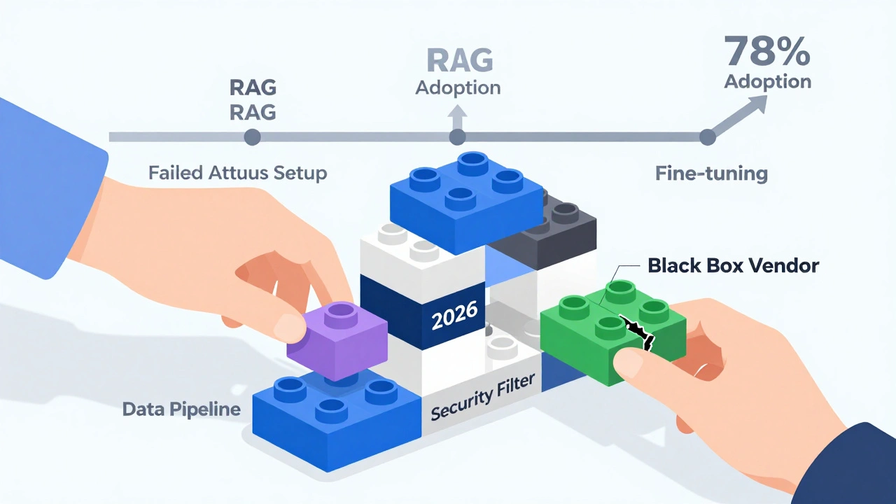 Modular Lego-style AI system with labeled components being assembled, replacing a broken vendor block.