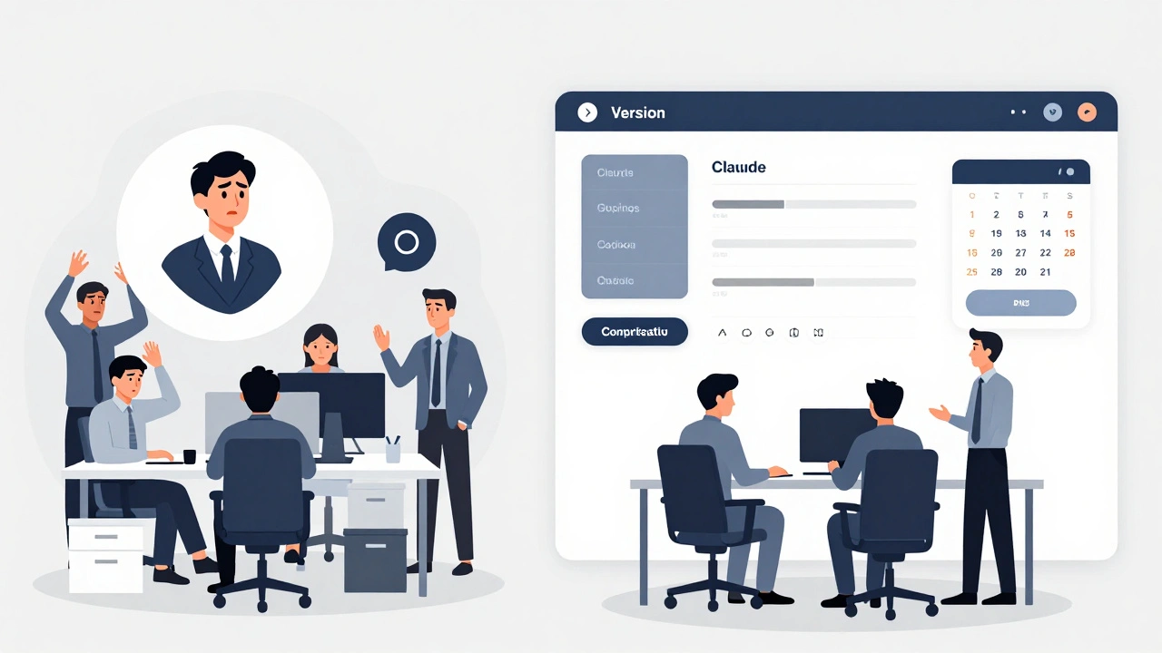 Split office scene: chaotic team with unstable AI vs. calm team using versioned models and monitoring dashboard.