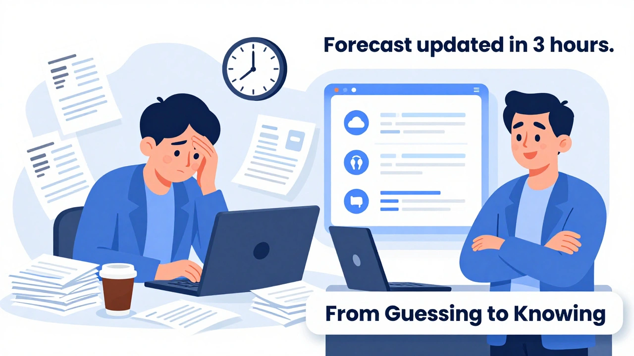 Split scene: stressed analyst with papers vs. calm analyst with AI-generated forecast.
