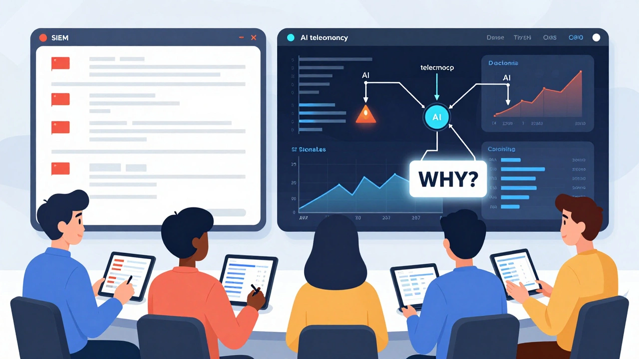 Split-screen comparison of traditional SIEM vs. advanced AI telemetry system.