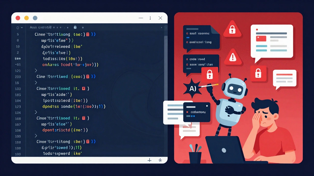 Split-screen showing organized secure code vs chaotic cloned code with red warning signs and exposed APIs.