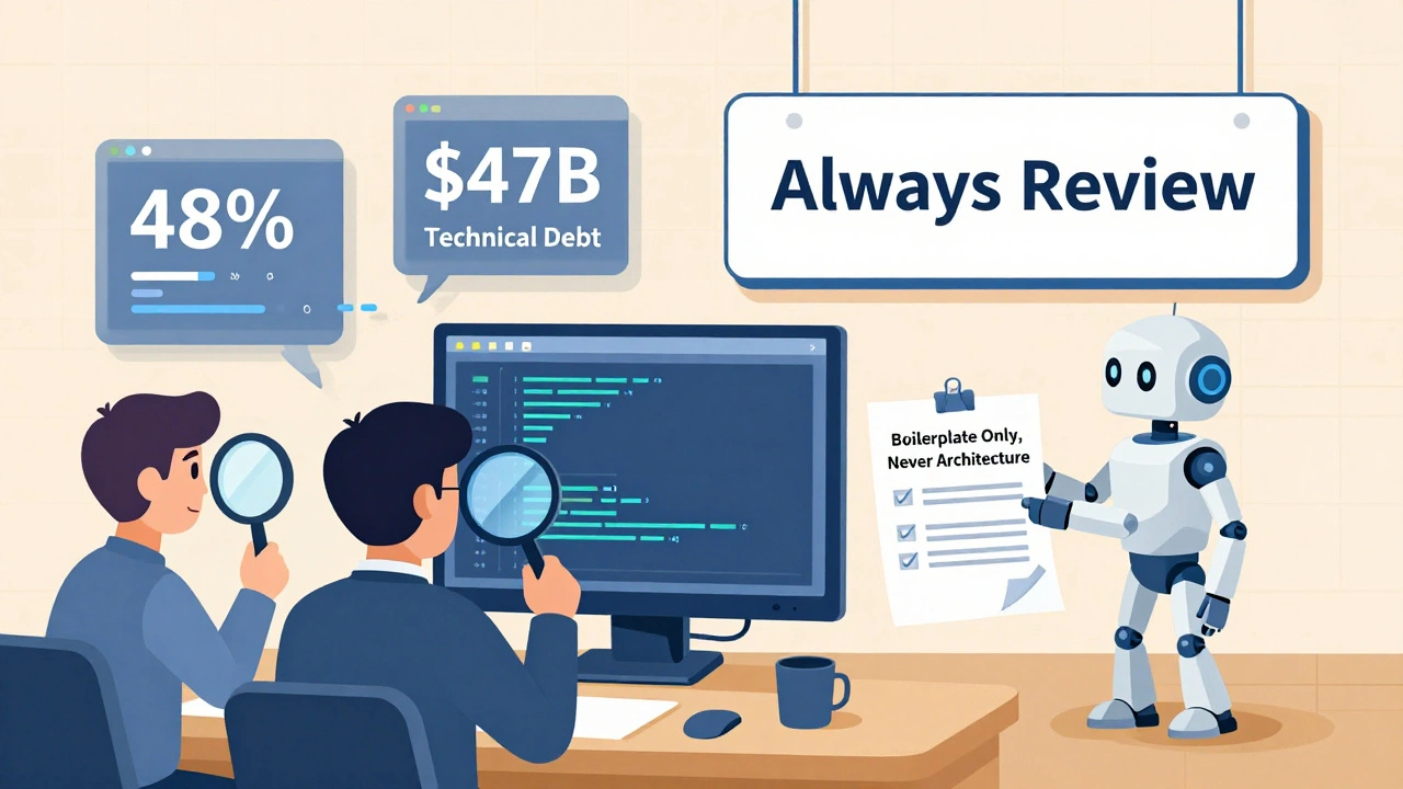 Team auditing AI-generated code with magnifying glasses, surrounded by vulnerability stats and a 'Always Review' sign.