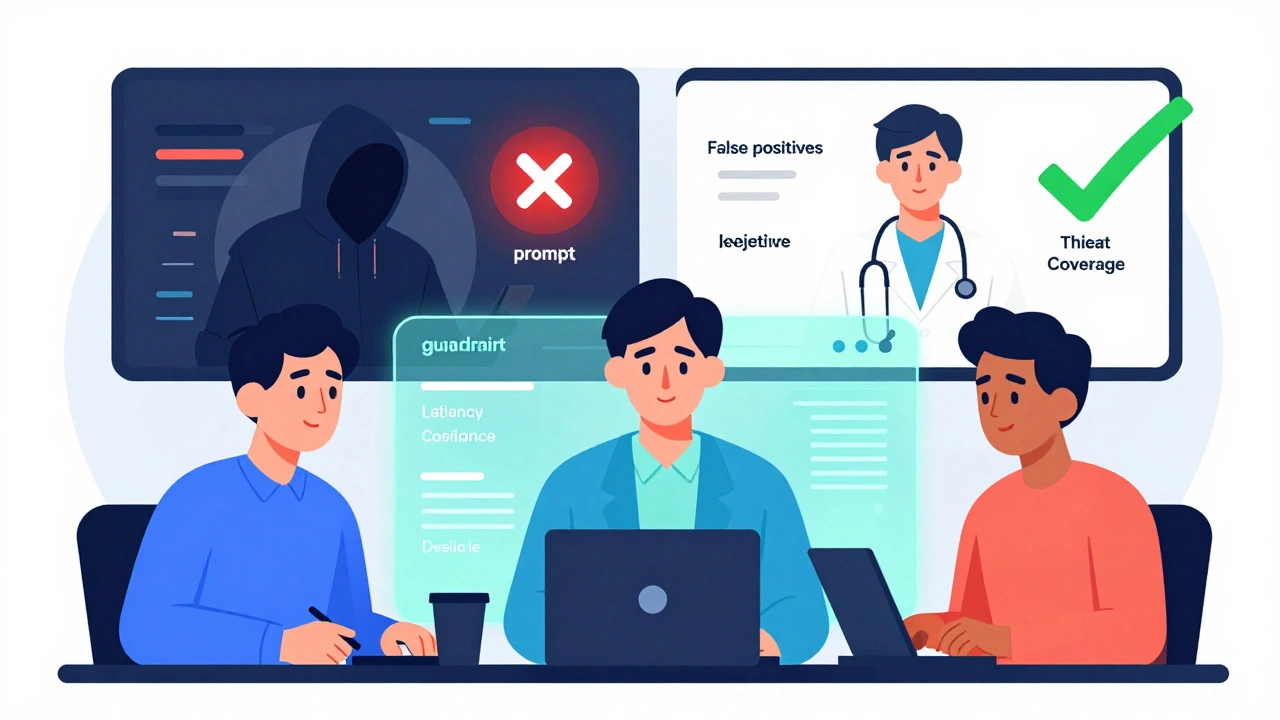 Team working on a guardrail dashboard with threat and safety indicators in flat cartoon style.