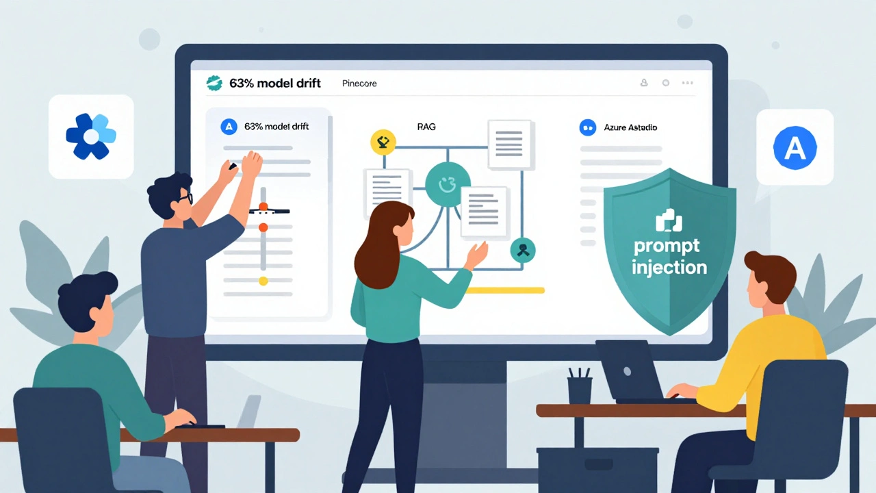 Team working with AI dashboard, fixing data drift and blocking security threats in a workplace setting.