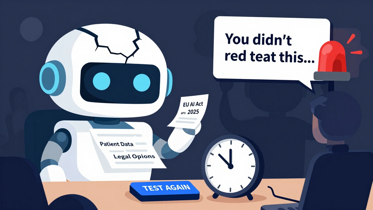 An AI robot leaks sensitive data while a person tests it before a regulatory deadline.