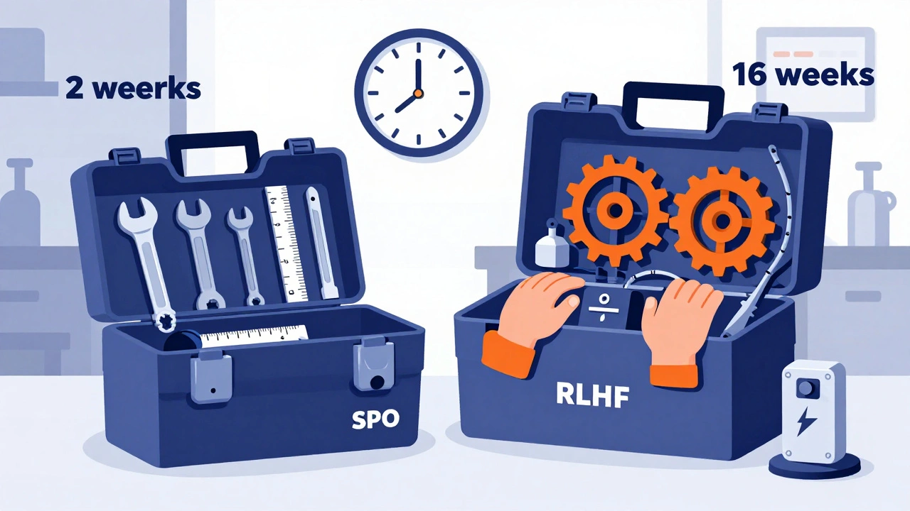 Flat cartoon illustration comparing two toolkits: SFT with simple tools and RLHF with complex machinery, alongside a simpler DPO toolkit.