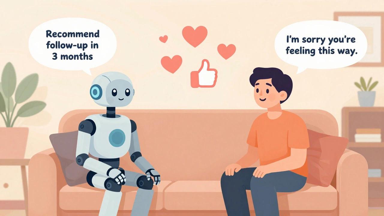 Flat cartoon illustration of a person talking to two AI avatars—one robotic, one empathetic—showing the emotional difference between SFT and RLHF.