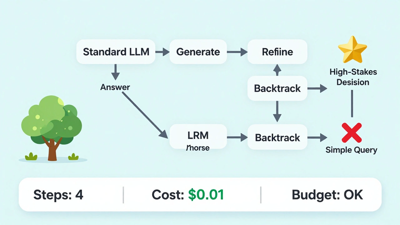 Hybrid decision tree showing simple vs reasoning LLM paths, with cost indicators and budget status.