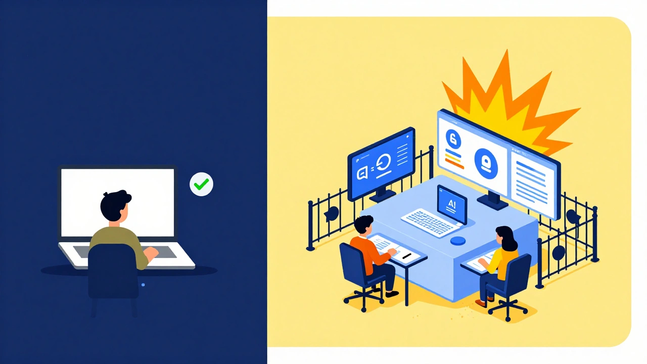 Split-screen comparison: AI in sandbox vs. secure, monitored production environment with rising costs.