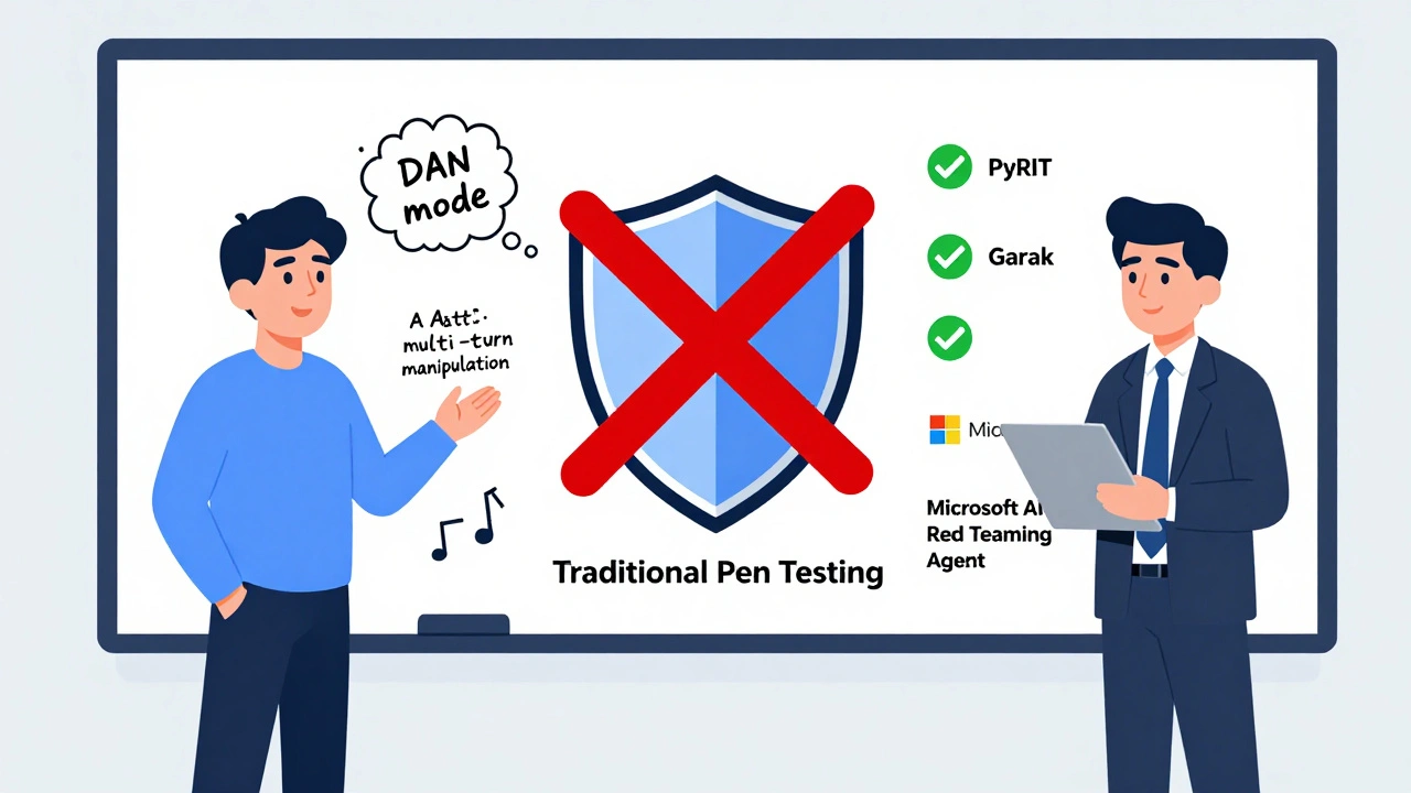 Three professionals examine AI red teaming tools and attack types on a whiteboard.