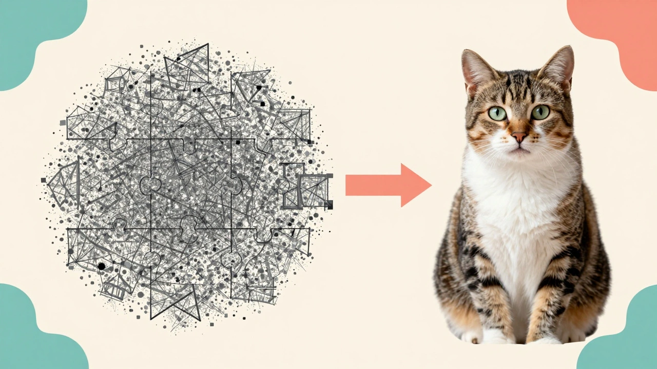 A puzzle transforms from static noise into a clear cat image, with layers showing the denoising process step by step.