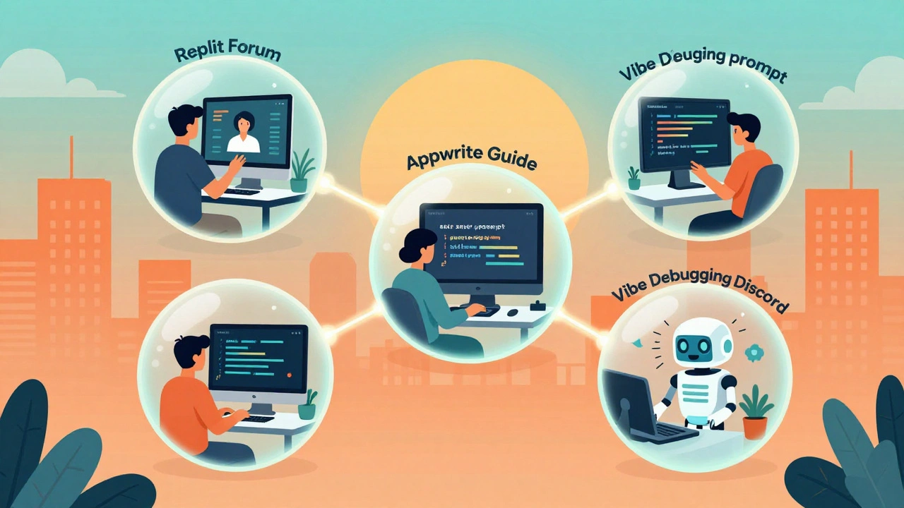 Community resources as floating bubbles with mini-scenes of support, connected by light threads under a rising sun.