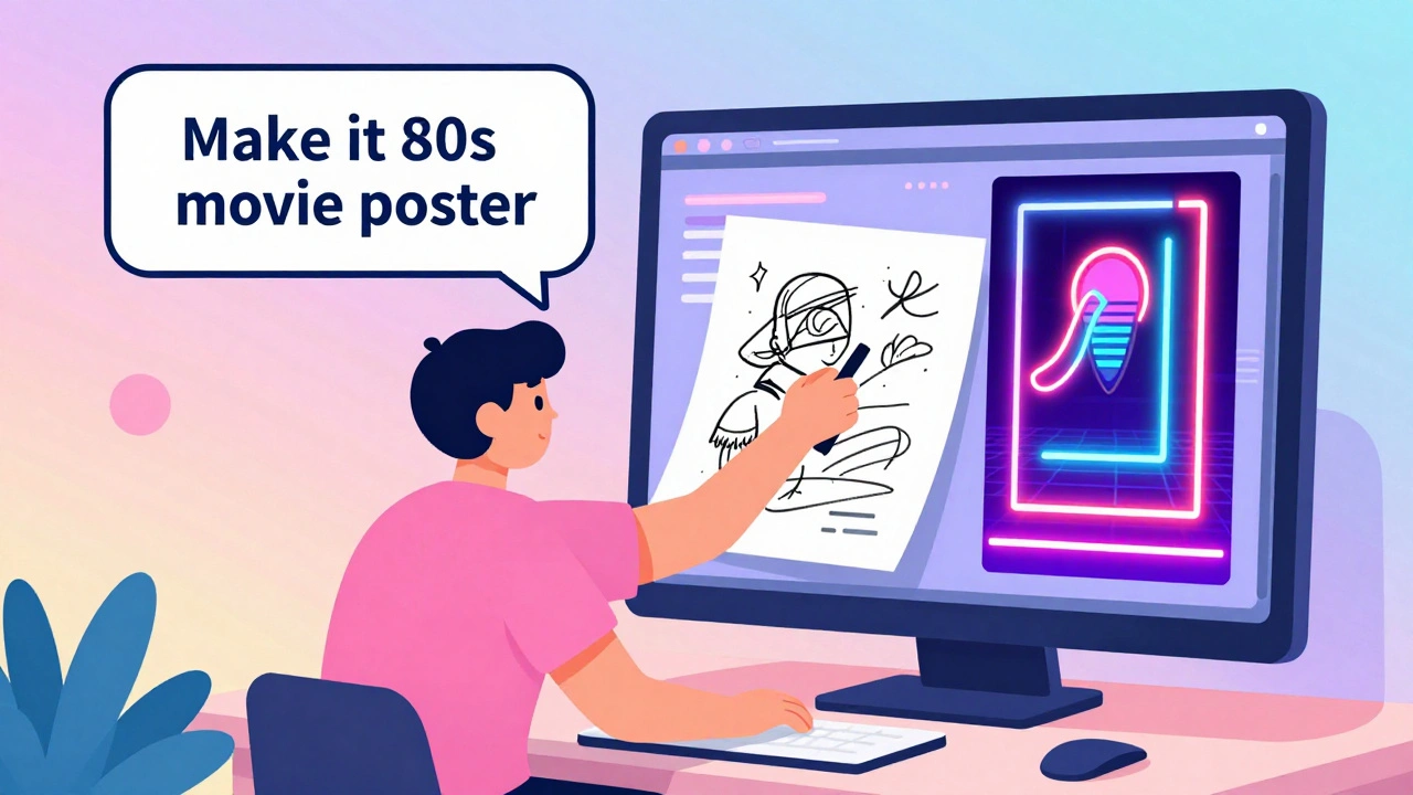 Designer uploads a sketch as AI transforms it into a colorful 1980s movie poster.