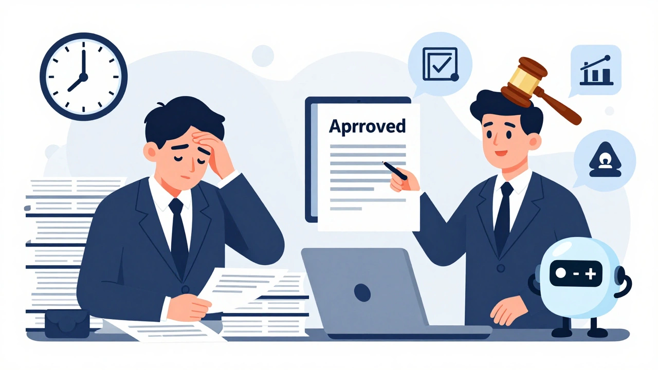 Split scene: lawyer overwhelmed by paper contracts vs. same lawyer assisted by AI highlighting safe clauses.