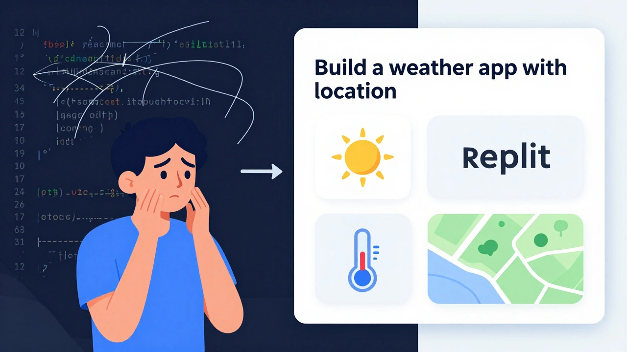 Split-screen showing chaotic code on one side and clean app components generating from a simple prompt on the other.