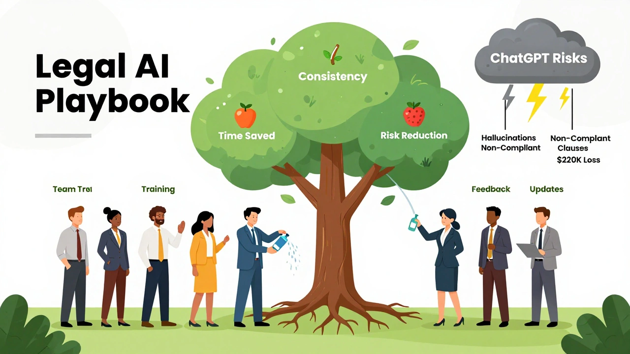 Tree with legal AI playbook roots and benefits as fruit, lawyers nurturing it while risky AI clouds loom.