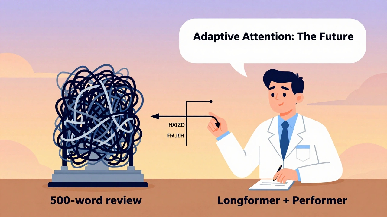 Flat cartoon comparing dense and adaptive attention models, with lines thickening on key text segments for smarter processing.