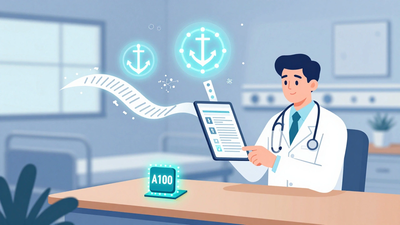 Flat cartoon showing a medical professional viewing a full patient record with attention patterns floating above, powered by an A100 GPU.