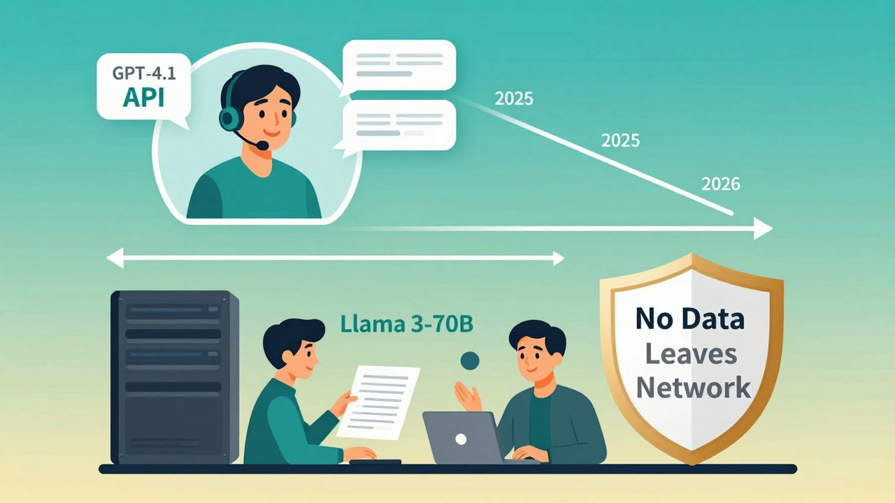 Hybrid workflow: customer-facing API chatbot and internal open-source LLM analyzing secure data with privacy shield.