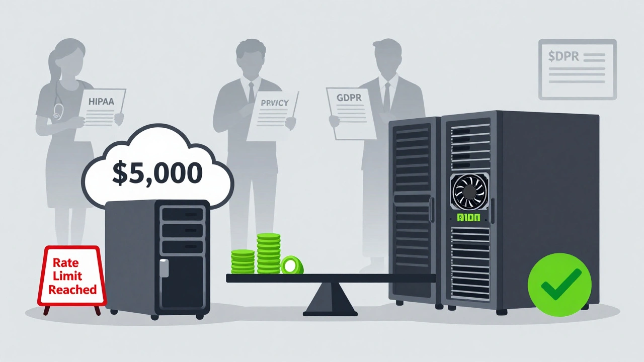 Side-by-side comparison of high-cost API server versus low-cost open-source GPU setup with privacy-focused users in background.