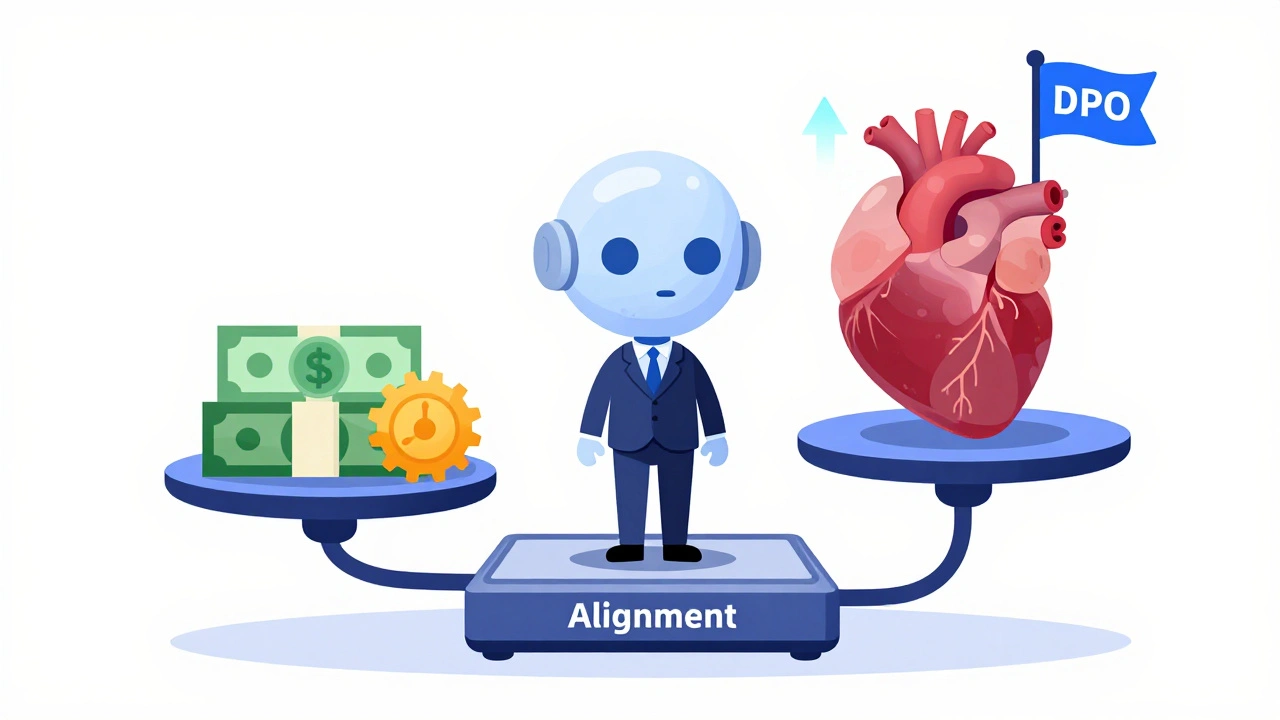 AI model on a scale weighed down by costs, balanced by a heart and DPO flag