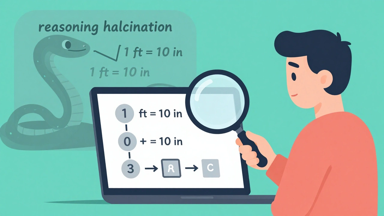 Person examining AI reasoning on a screen while a false equation snake slithers nearby.