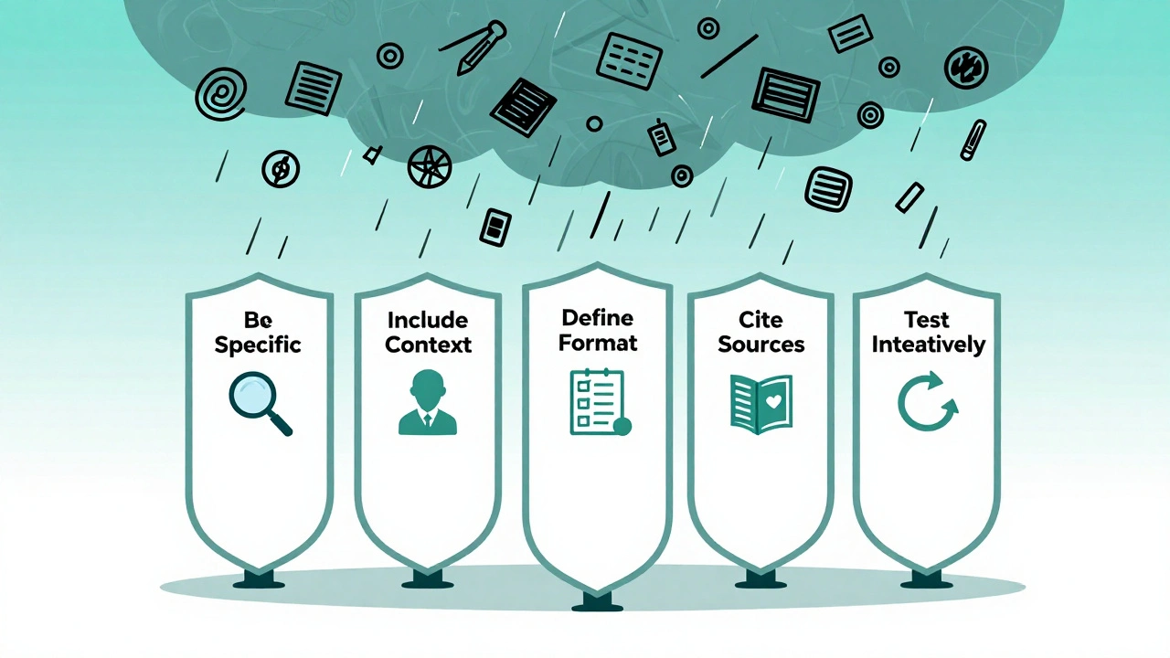 Shield with five pillars of prompt hygiene blocking chaotic vague prompts.