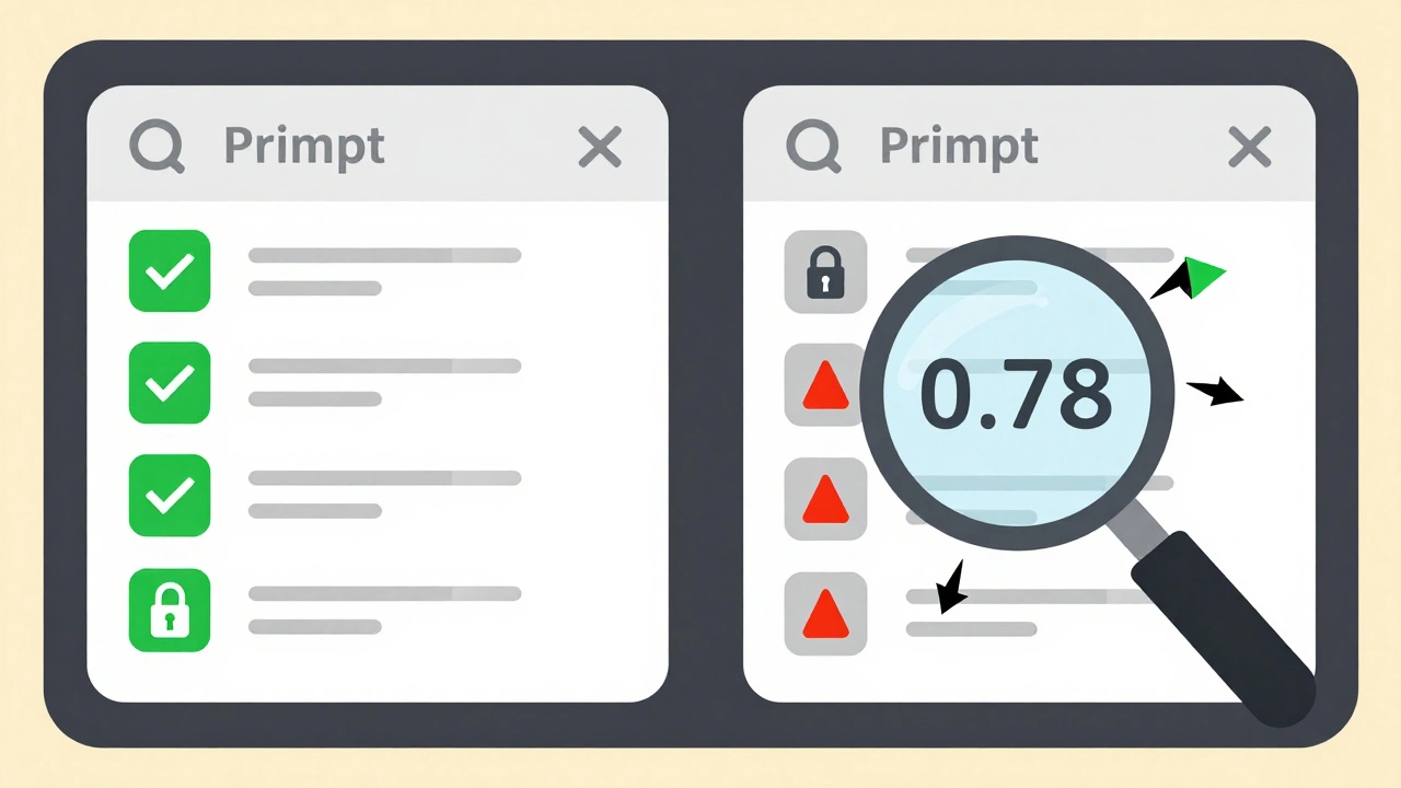 Split-screen dashboard showing stable report vs. broken version after prompt change, with low similarity score highlighted.