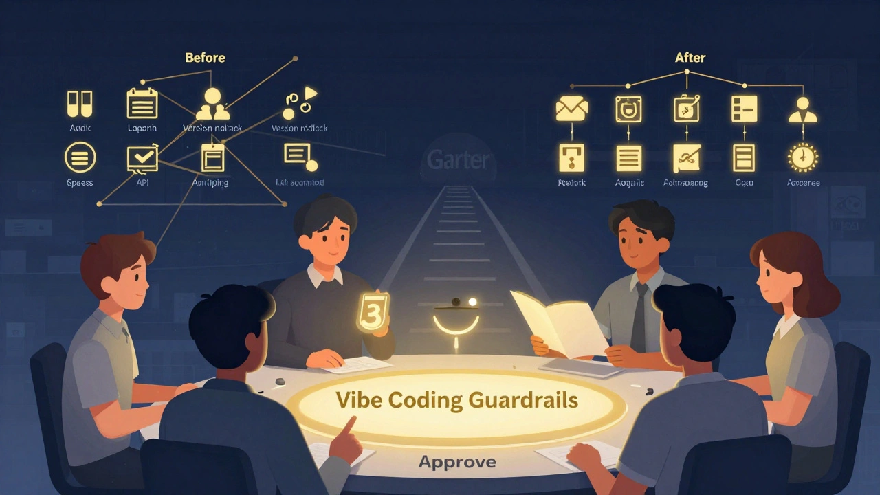 Team monitoring a control panel with guardrail icons for audit logs, version control, and access rights, in a structured tech environment.