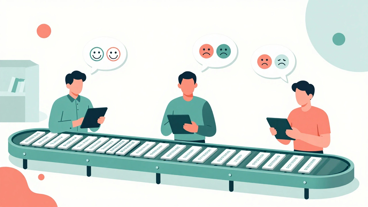 Three annotators comparing AI responses on tablets in a bright office with thought bubbles
