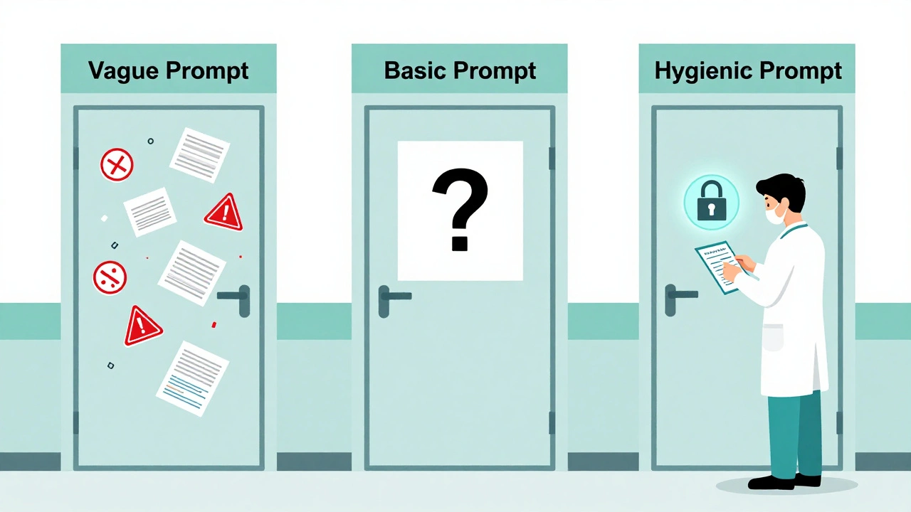 Three doors showing outcomes of vague, basic, and hygienic prompts in a hospital hallway.