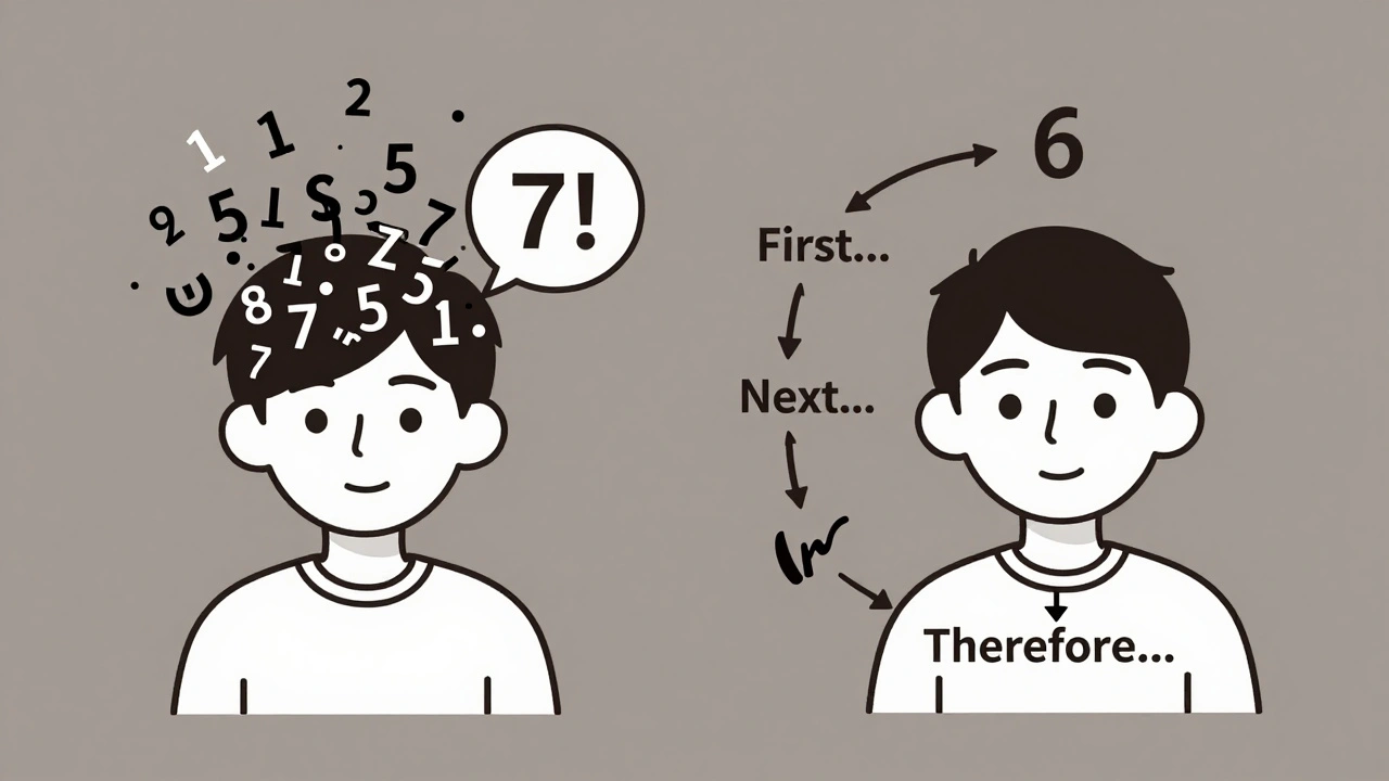 Two AI avatars: one with chaotic wrong answers, one with clear logical steps.