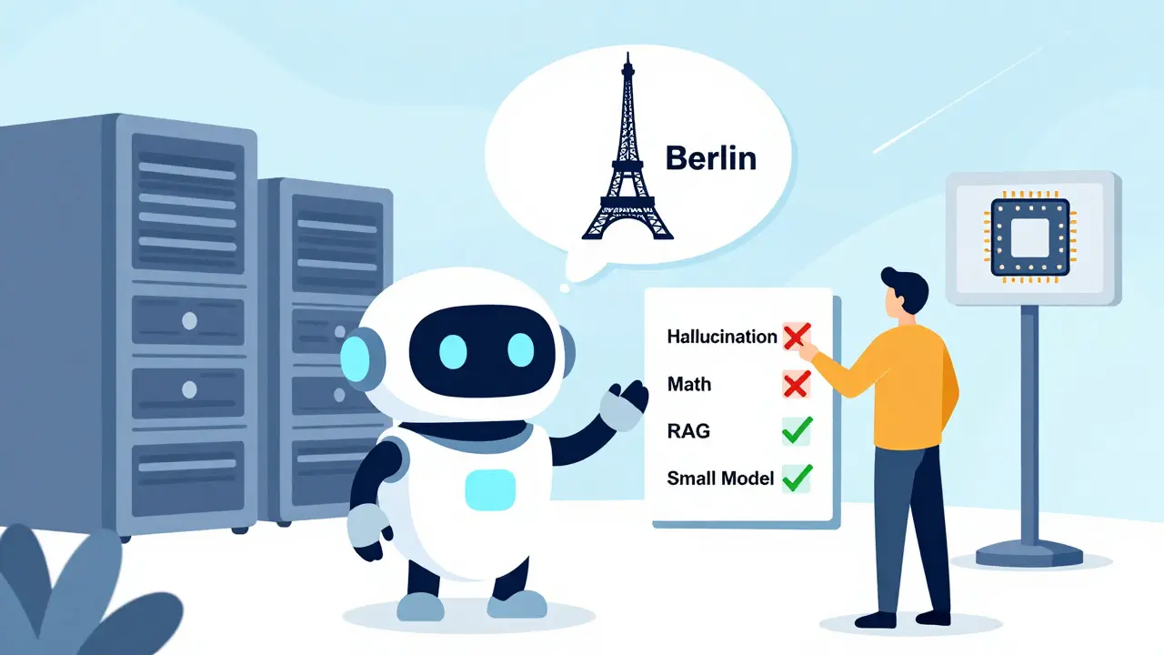 A chatbot with a hallucinated landmark next to a checklist showing its limitations and improvements, with server farms and small chips in background.