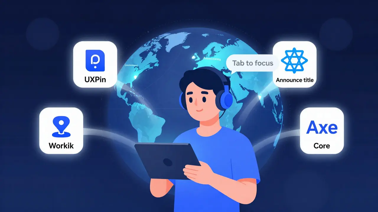 A dashboard with AI accessibility tools connected to a human user, surrounded by global adoption data, all in flat illustration style.