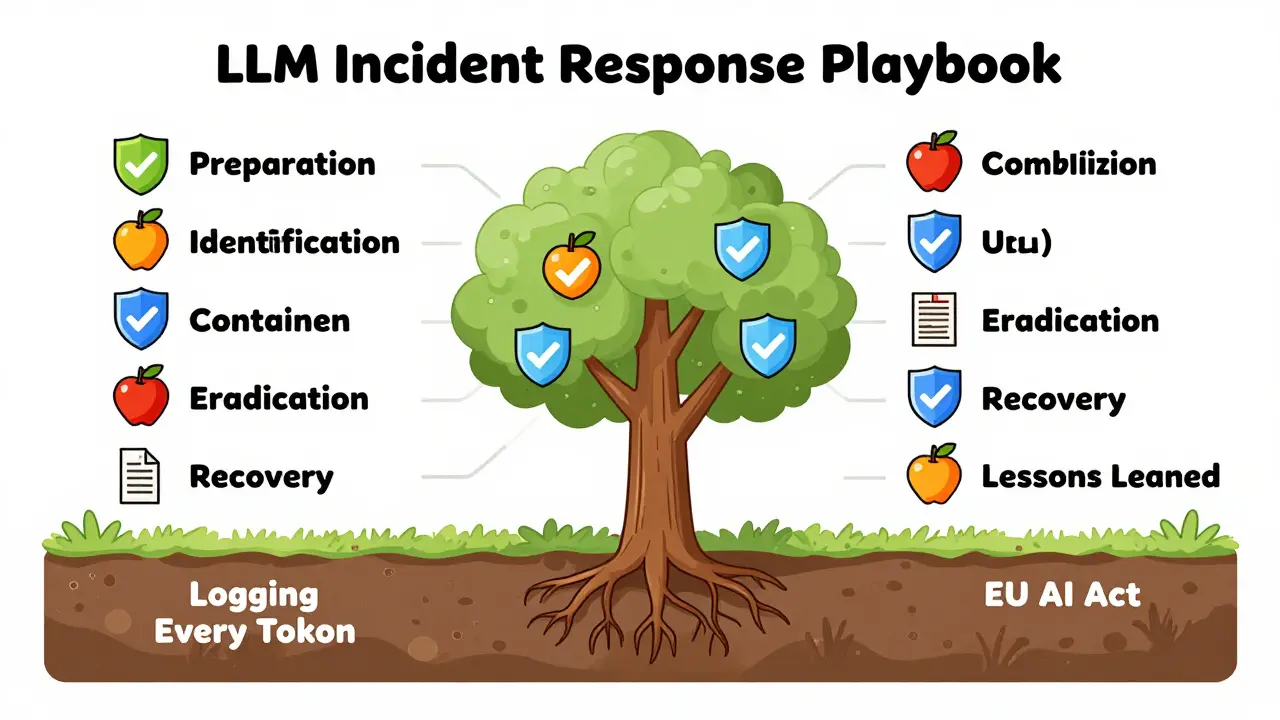 A growing tree with six branches representing each phase of an LLM incident response playbook, rooted in compliance.