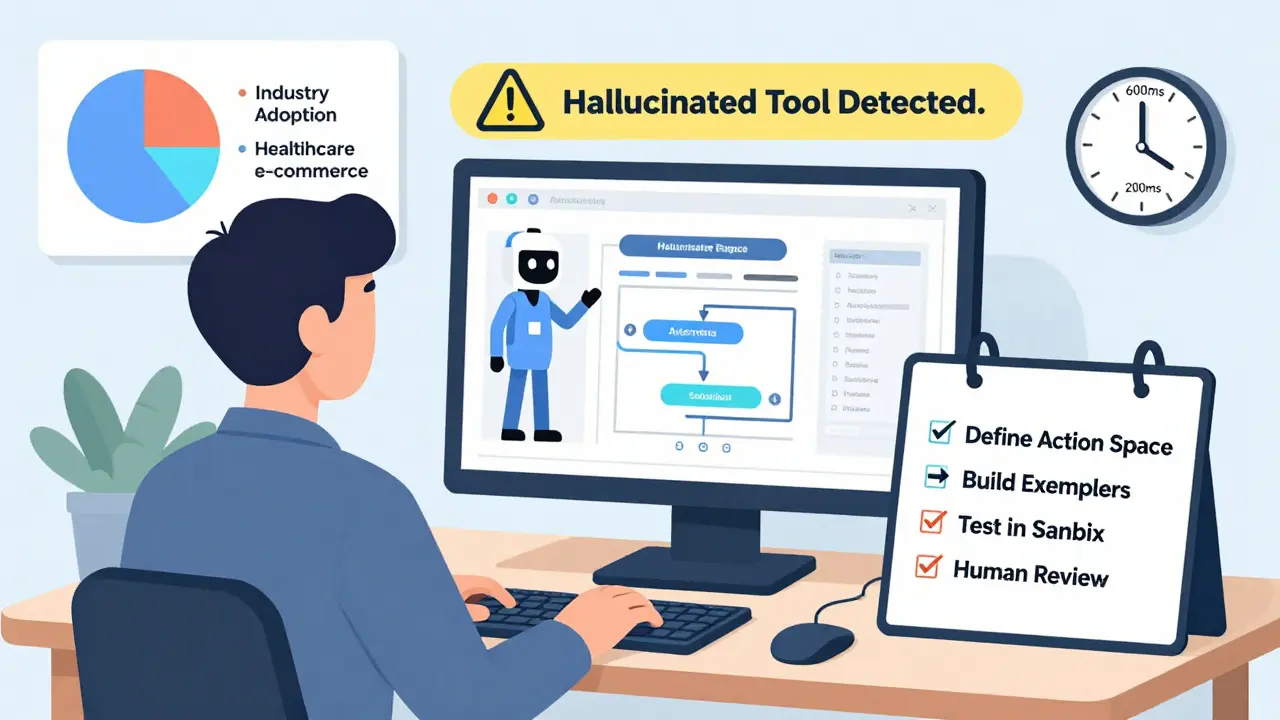 A human supervising an automated workflow on a monitor, with warning signs and a checklist for safe agent deployment.