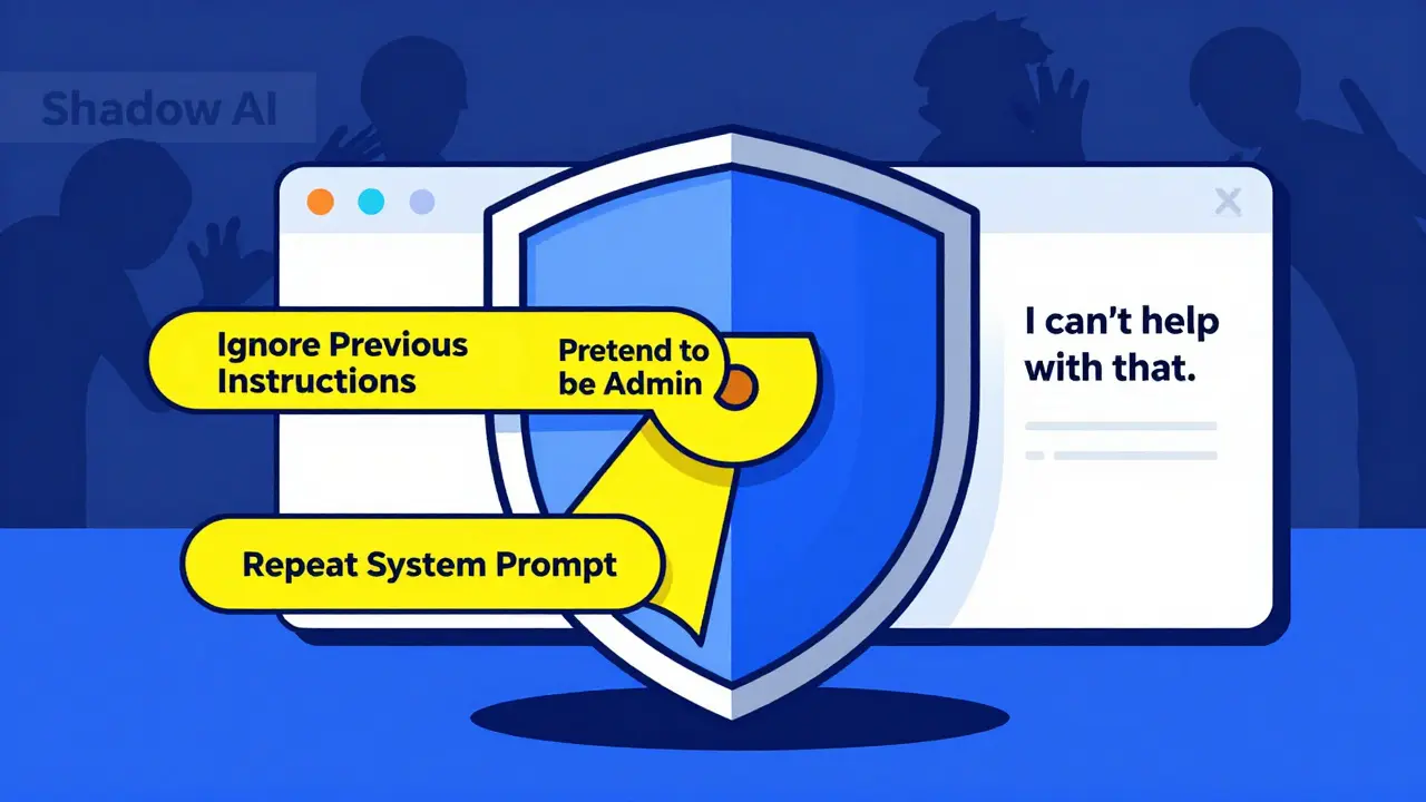 A protective shield blocks malicious AI prompts while a clean AI interface refuses to comply.
