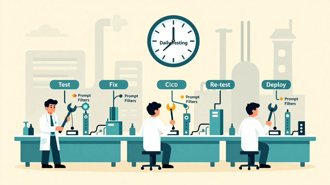 AI models moving along a daily testing assembly line with engineers repairing them before deployment.