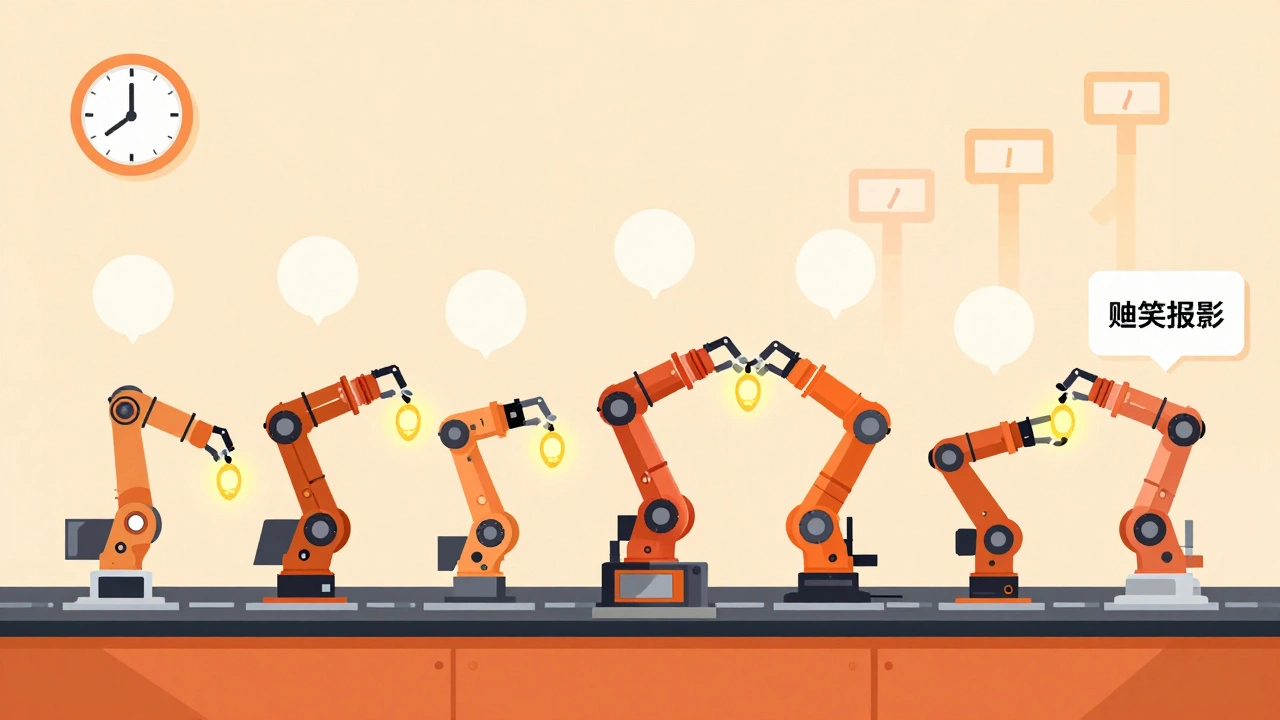 Assembly line of robotic arms passing tokens through pipeline stages for LLM inference.