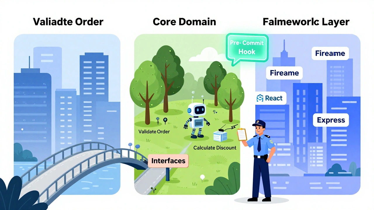 Codebase city with clean core, interface bridge, and framework district guarded by Sheriff.