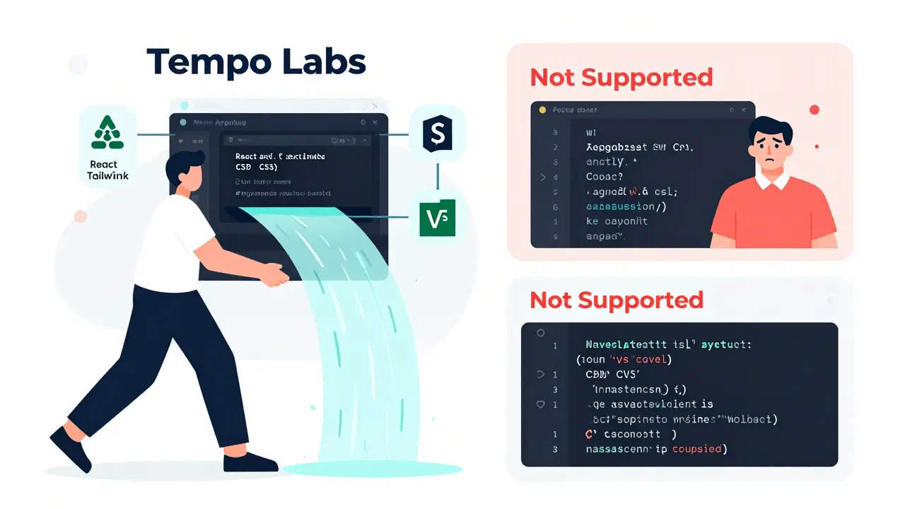 Designer dragging a Figma design into a tool that converts it to React code, with incompatible frameworks shown in red.