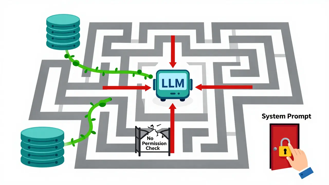 LLM agent in a network maze with poisoned data path, broken permission gate, and human locking system prompt.