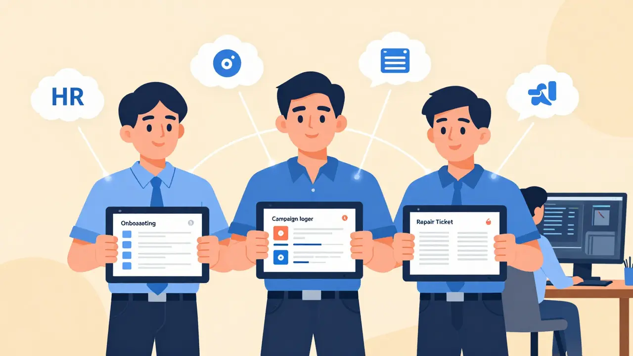 Non-developers using vibe-coded tools for HR, marketing, and field service, connected to cloud systems.