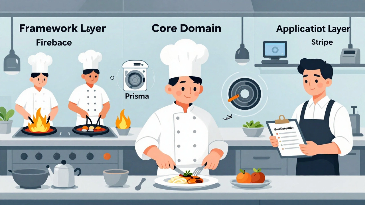 Restaurant metaphor showing chef, waiter, and kitchen staff separated by roles in software layers.